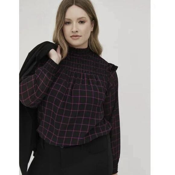 Torrid Chiffon Smock Neck Plaid Blouse Women’s Long Sleeve Purple Black: Size 1 - Picture 9 of 9